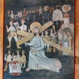 Ciemne płótno namalowanym przedstawieniem Chrystusa niosącego krzyż. Wokół znajdują się m.in. żołnierze i św. Weronika z chustą