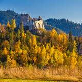 Ruiny zamku na wzgórzu, krajobraz jesienny ze złotymi liśćmi na dzewach.