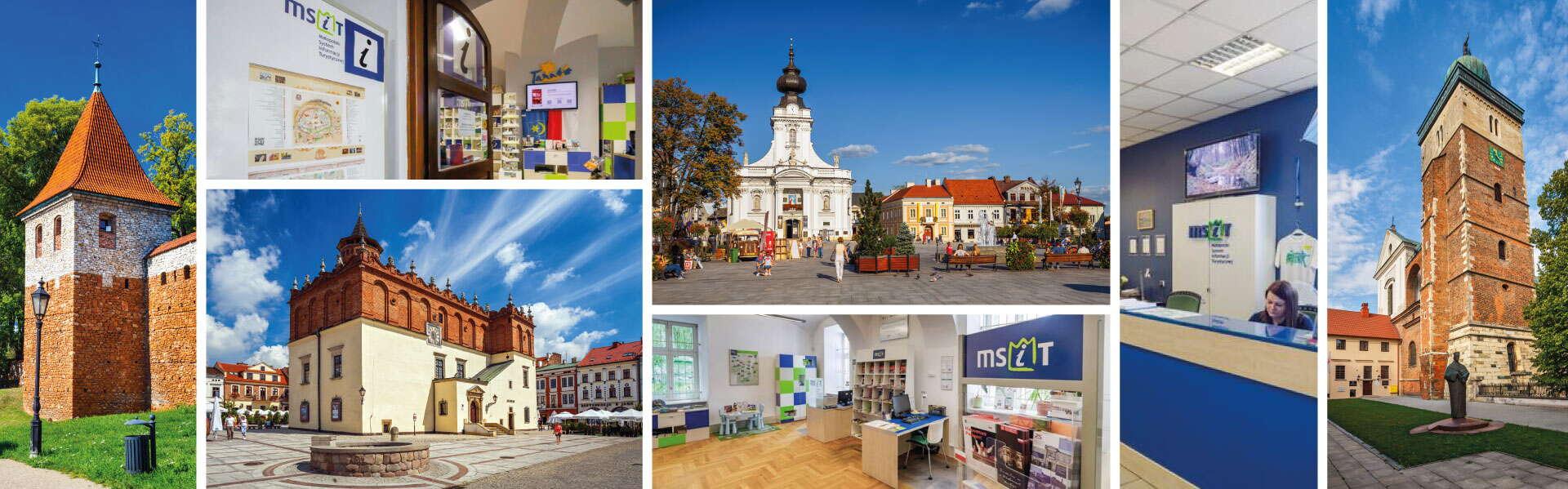 Kolaż zdjęć przedstawiających wybrane miejscowości, w których znajdują się punkty informacji turystycznej MSIT: Tarnów, Wadowice, Olkusz, Miechów