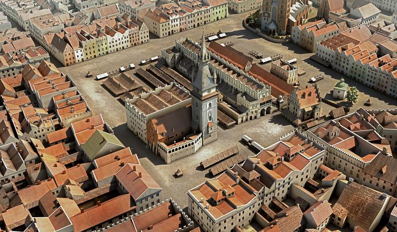 Makieta przedstawiająca dawny układ budynków na krakowskim rynku.