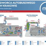 Grafika przedstawia plan dworca autobusowego MDA w Krakowie.