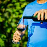 Zdjęcie przedstawia mężczyznę nalewającym czerwone wino z winnicy zawisza do kieliszka. W tle widoczna rozmyte krzewy winorośli.