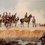 Fragment malowidła przedstawiający jeźdźców XIX-wiecznej armii na koniach.