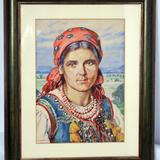 Zdjęcie obrazu w drewnianej ramie, na obrazie widoczna kobieta w krakowskim stroju ludowym.