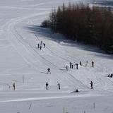 Śnieżne Trasy Przez Lasy, narciarze na nartach biegowych na przygotowanej trasie po śniegu. Zdjęcie z góry.