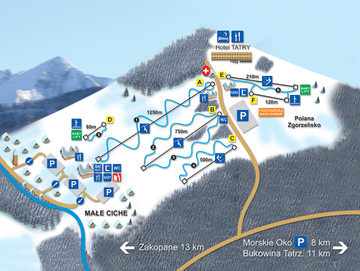 Mapa z wyciągami i trasami narciarskimi w ośrodku Małe Ciche.