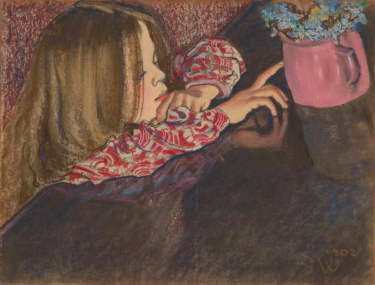 Obraz Stanisława Wyspiańskiego (kopię) który przedstawia dziewczynkę z wazonem w którym są kwiaty. Dziewczynka spogląda na wazon