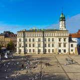 3-piętrowy budynek Muzeum Etnograficznego w Krakowie. Przed nim pusty plac, nad którym latają gołębie. W oddali widać inne kamienice.