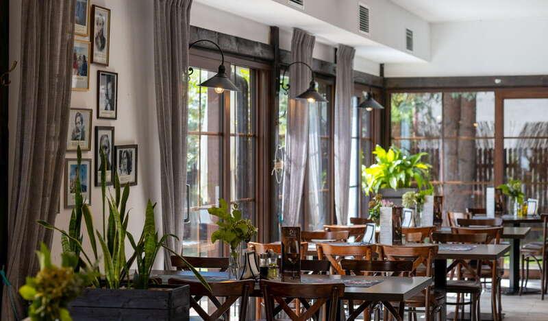 Eleganckie wnętrze restauracji, drewniane stoliki i krzesła, szare zasłony na dużych oknach, rośliny ozdobne w donicach